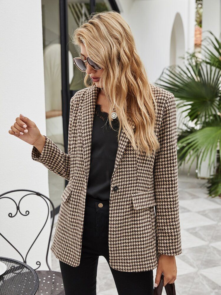 Houndstooth Print Flap Detail Blazer | SHEIN