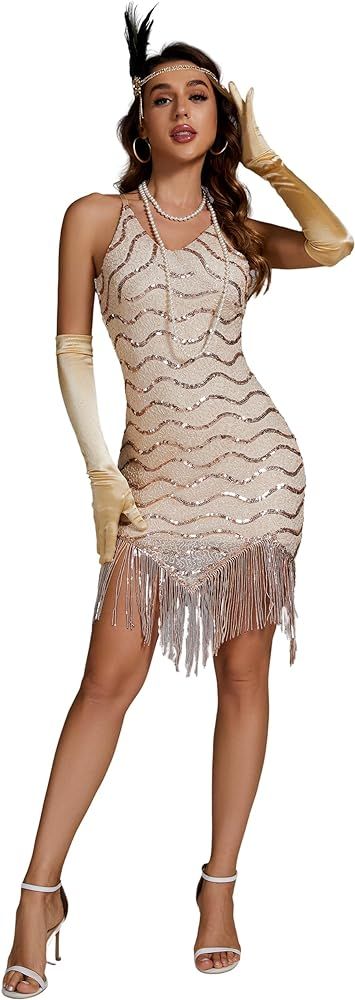 Women's 1920s Flapper Sequin Dress Great Gatsby Party Dress With Roaring 20s Accessories Set for ... | Amazon (US)