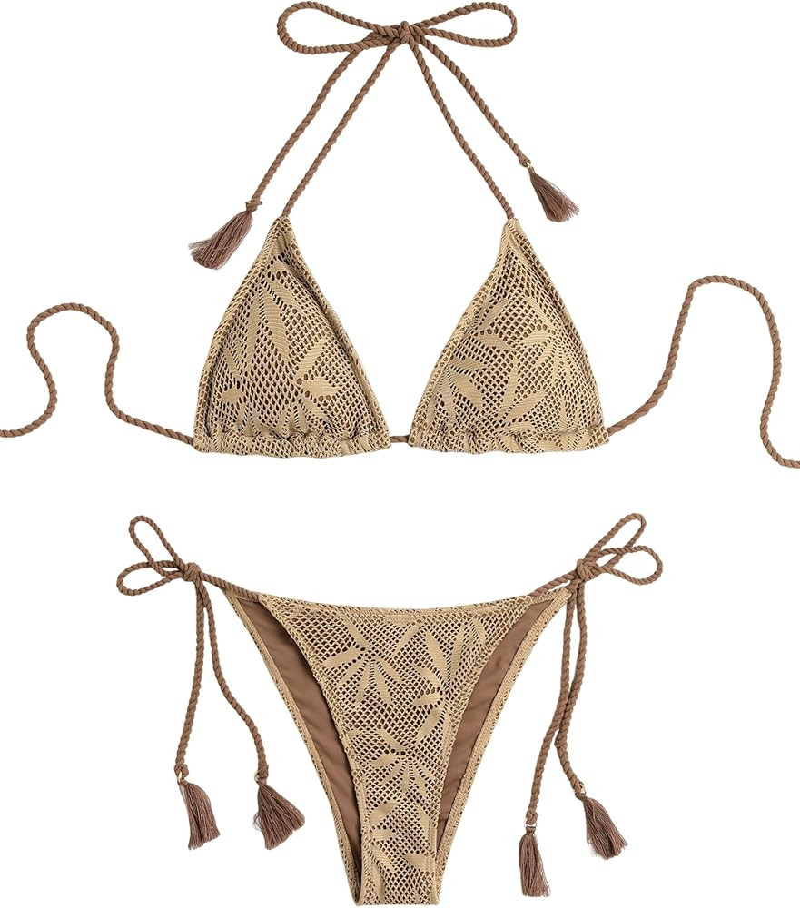 ZAFUL 2 Piece Triangle Bikini for Women Knitted Rope Halter Bikini Sets Sexy Bathing Suit Side Ti... | Amazon (US)