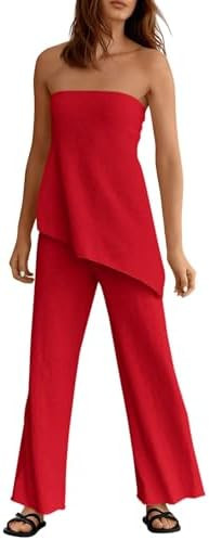 Tankaneo Womens 2 Piece Outfits Asymmetrical Tube Top Wide Leg Pants Knit Vacation Travel 2026 Ma... | Amazon (US)