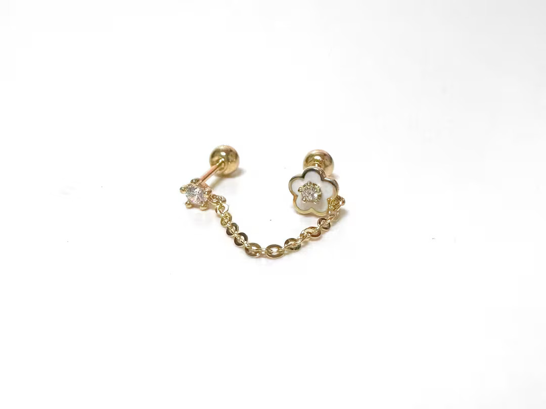 14K Solid Gold CZ Flower Chain Stud Earring, Piercing Earrings With Screw Backs, Cz Flower Chain ... | Etsy (US)