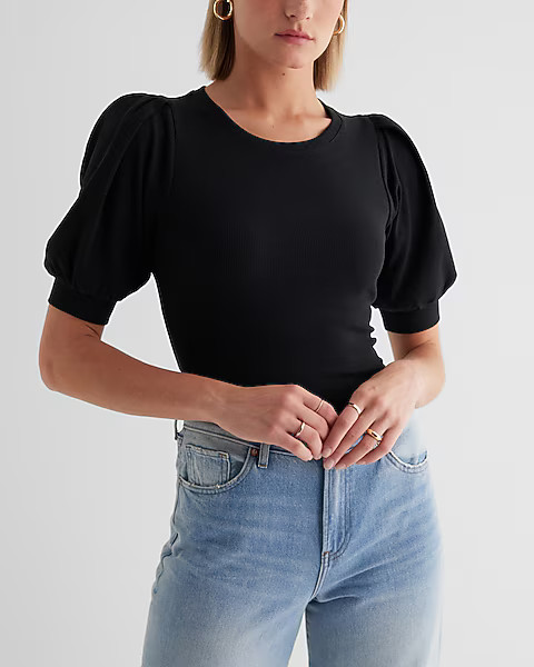 Fitted Ribbed Crew Neck Puff Sleeve Tee | Express
