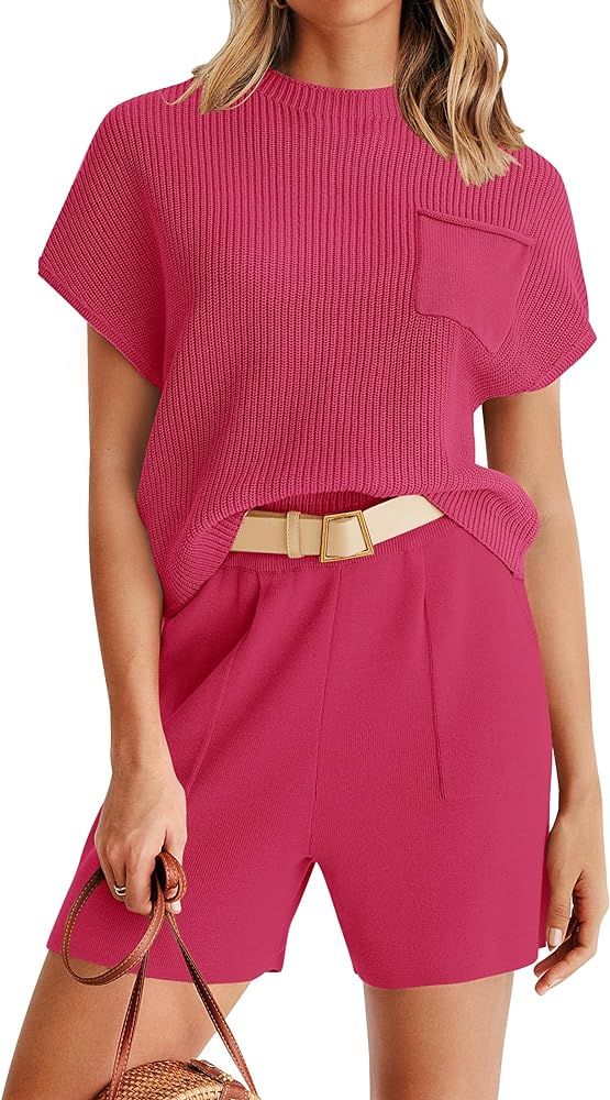 ZESICA Women's 2 Piece Outfits Sweater Set Short Sleeve Mock Neck Knit Pullover Top and Shorts Tr... | Amazon (US)