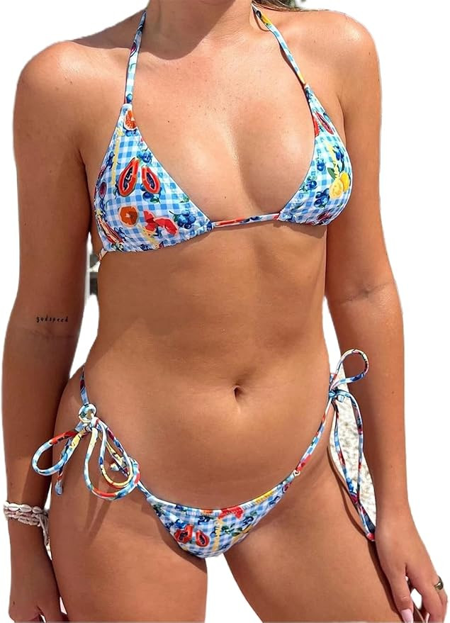 Alyweatry Women Two Piece String Bikini Set Floral Print Halter Side Tie Triangle Thong Swimsuits... | Amazon (US)