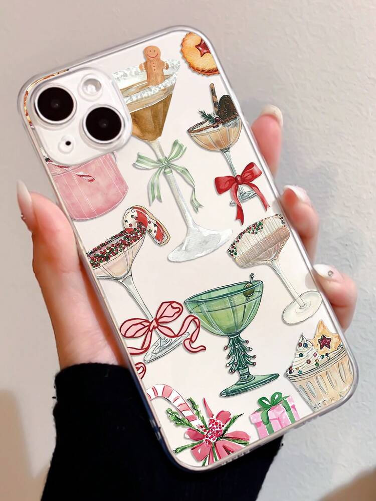 1pc Christmas Cocktail Pattern Transparent TPU Anti-Fingerprint Phone Case Compatible With IPhone... | SHEIN