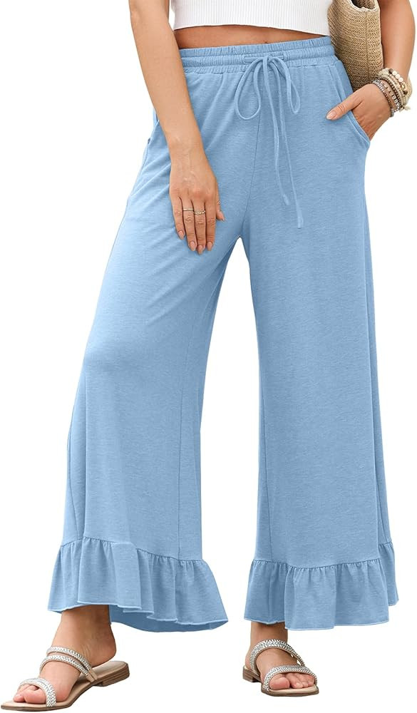 EVALESS Womens Wide Leg Pants Drawstring Elastic High Waisted Ruffle Hem Palazzo Pants with Pocke... | Amazon (US)