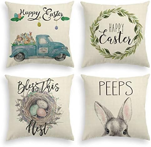 AVOIN Truck Rabbit Happy Easter Throw Pillow Cover, 18 x 18 Inch Nest Easter Egg Peeps Cushion Ca... | Amazon (US)