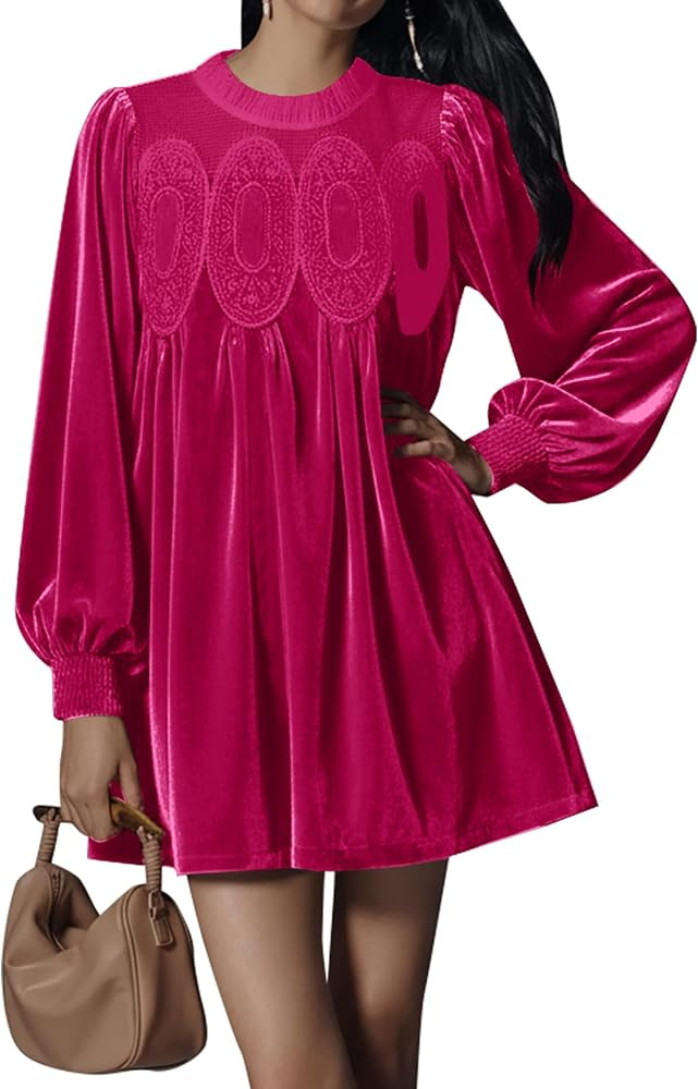 Women Lace Crochet Velvet Babydoll Mini Dress Puff Long Sleeve Crew Neck Ruffle Hem Patchwork Sho... | Amazon (US)