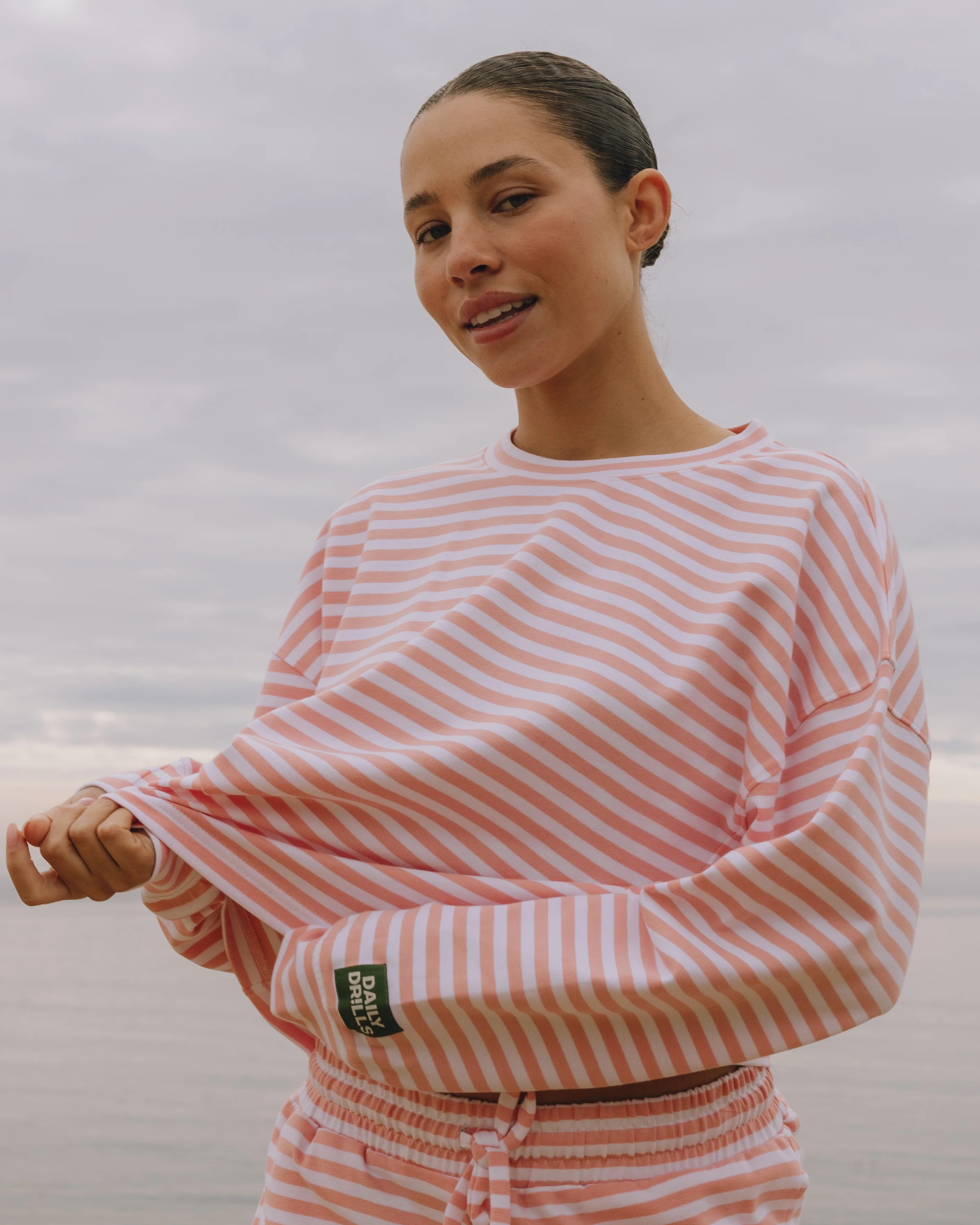 Striped Cotton Long Sleeve - Dusty Rose + White Stripe | Daily Drills