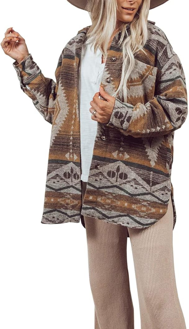 Heltapy Womens Aztec Shacket Jacket Loose Vintage Boho Wool Blend Coat Button Down Shirt Tops | Amazon (US)