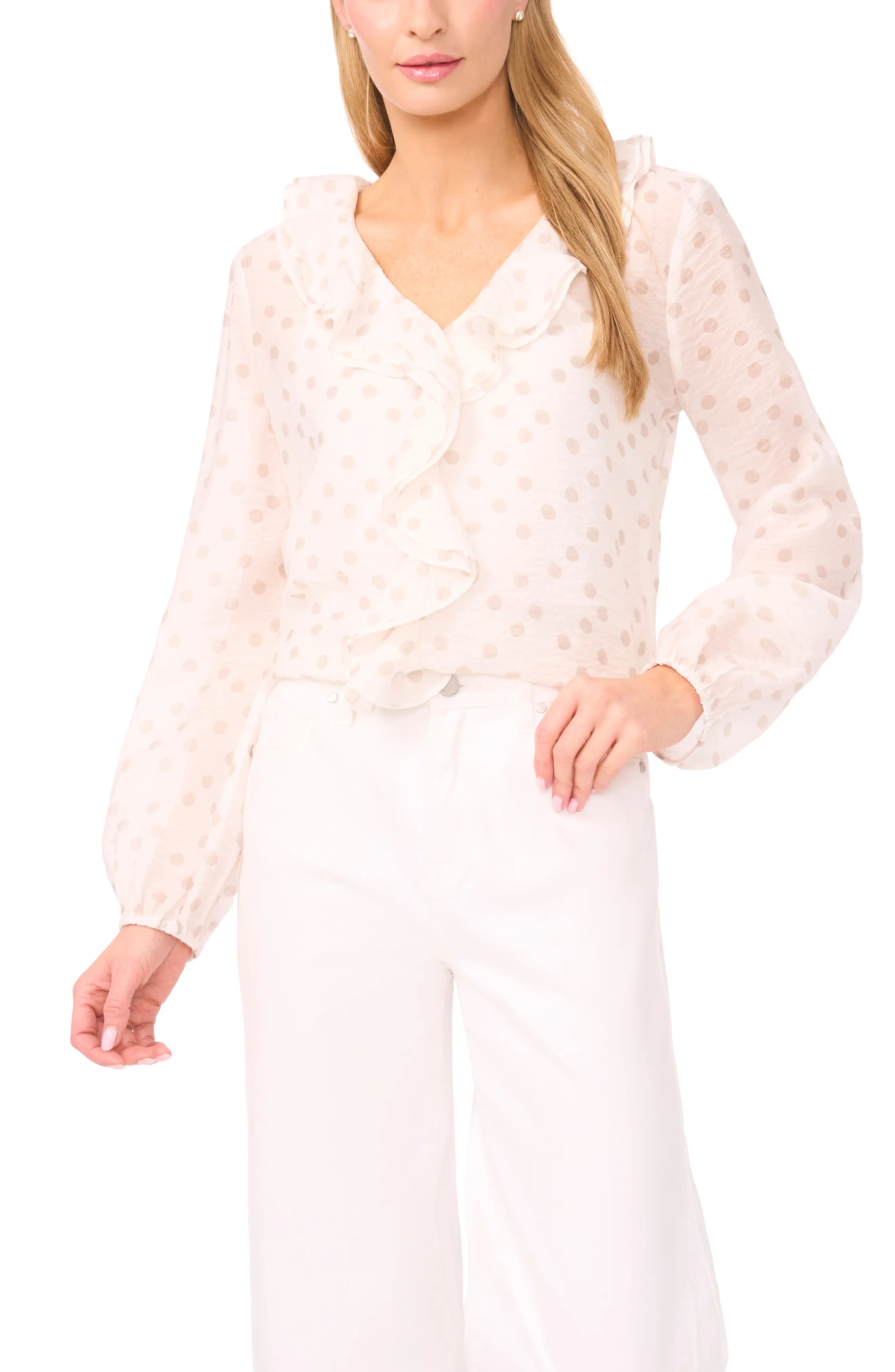 Halogen\u00ae Polka Dot Ruffle Trim Top (Women) | Nordstrom | Nordstrom