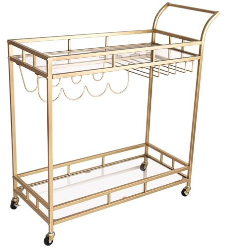 KAKO Bar Cart, Gold Bar Cart with Wheels, Home Bar & Serving Carts with 2 Mirrored Shelves, Gold Bar Carts for The Home, Kitchen, Dining Room, Dining Party | Amazon (US)