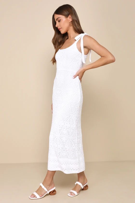 Adorable Darling White Crochet Tie-Strap Midi Dress | Lulus
