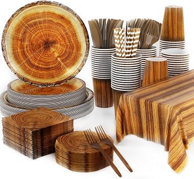 141pcs Camping Wood Grain Slice Party Disposable Tableware set Includes Dinner Plate Dessert Plat... | Amazon (US)