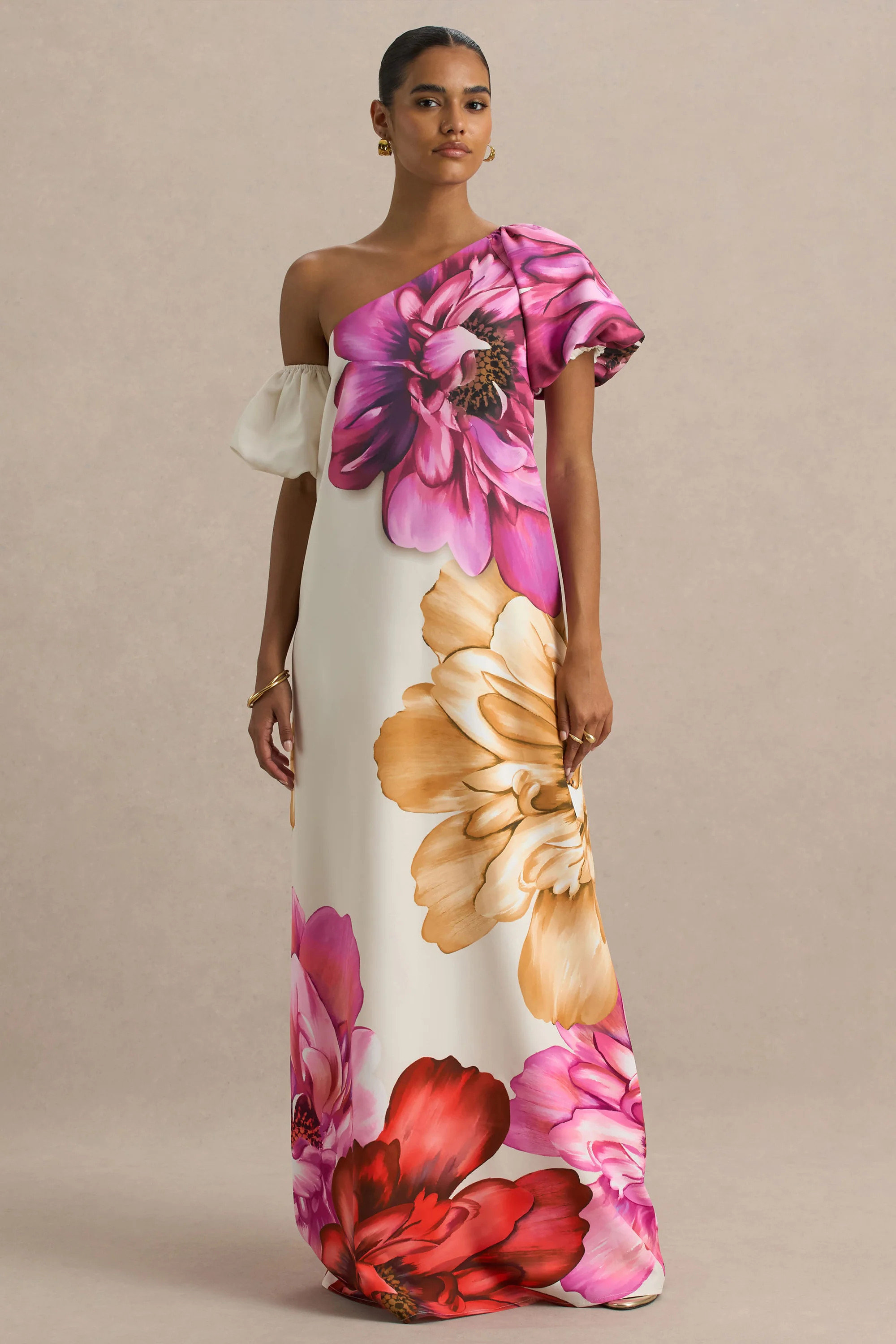 Anastasia  Large Multi-Floral Print Asymmetric-Neck Maxi Dress | Club L London