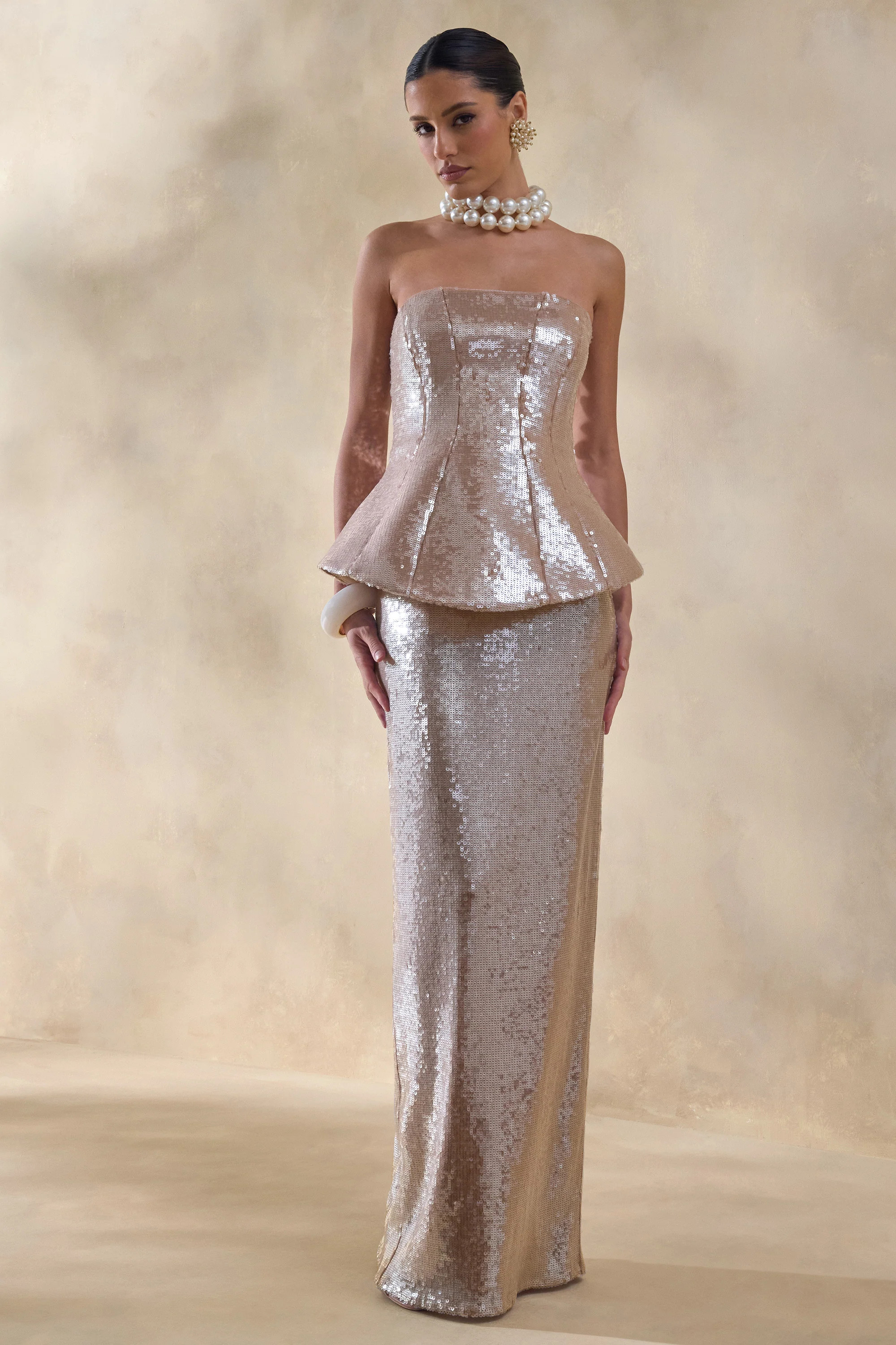 Dalisse | Nude Sequin Bandeau Corset Maxi Dress | Club L London