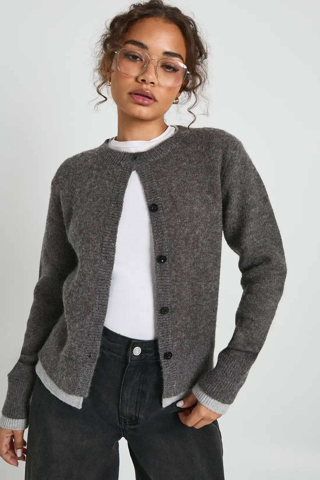 Grey Double Layer Button Through Knitted Cardigan | Boohoo USA | boohoo (US & Canada)