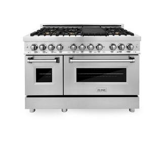 ZLINE Kitchen and Bath48 in. 7 Burner Double Oven Dual Fuel Range with Brass Burners in Stainless... | The Home Depot