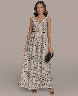 Donna Karan New York Women's Belted V-Neck Jacquard Ball Gown - Macy's | Macy's