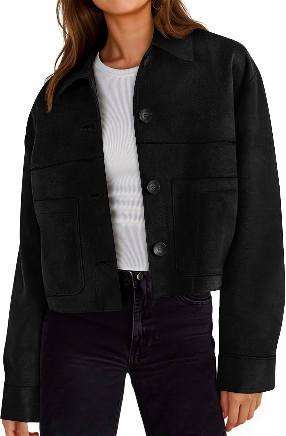 Tankaneo Womens Cropped Faux Suede Leather Jackets Lapel Collar Shackets | Amazon (US)