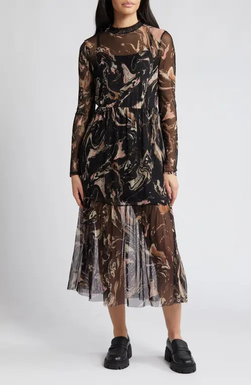Dressed in Lala Marble Long Sleeve Mesh Midi Dress in Black Marble at Nordstrom, Size Small | Nordstrom