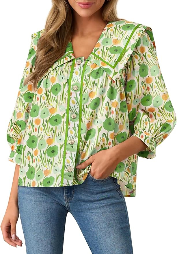 Women's 2025 Fashion Tops 100% Cotton Button Down Shirts V Neck 3/4 Length Sleeve Floral Peter Pa... | Amazon (US)