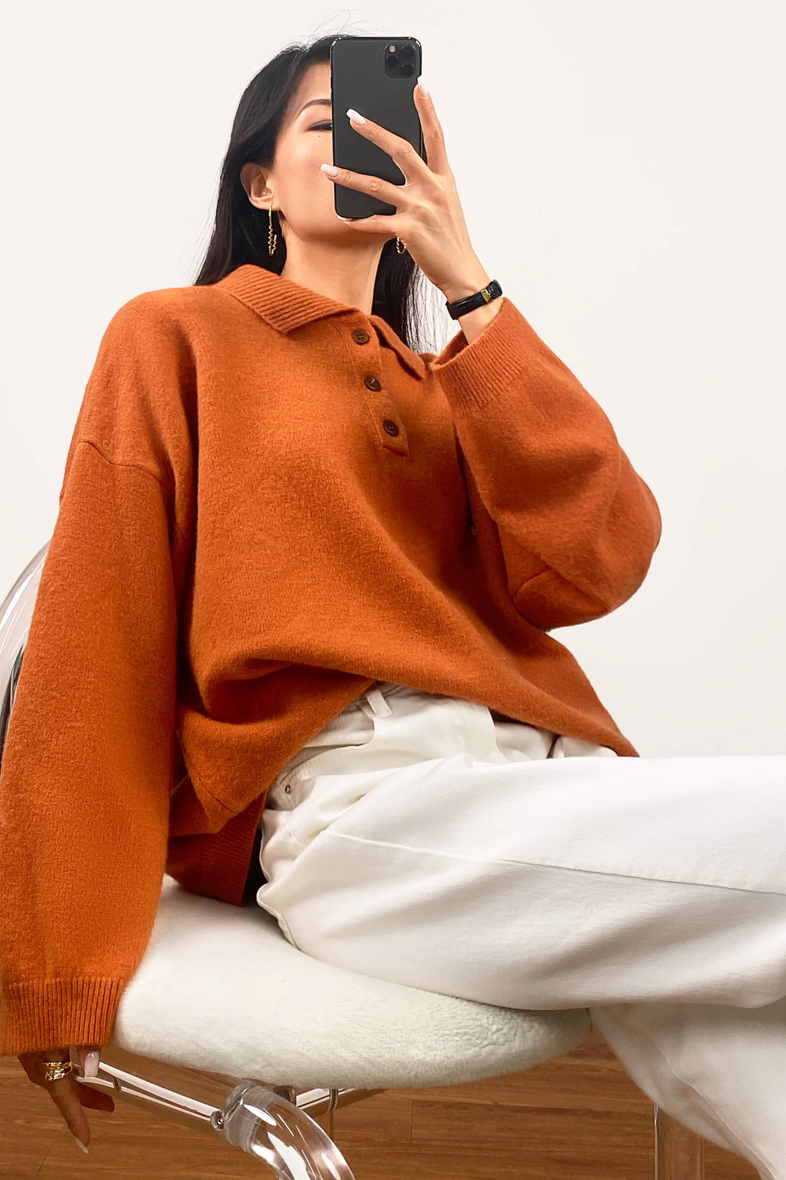 Orange Oversized Polo Collar Sweater | J.ING