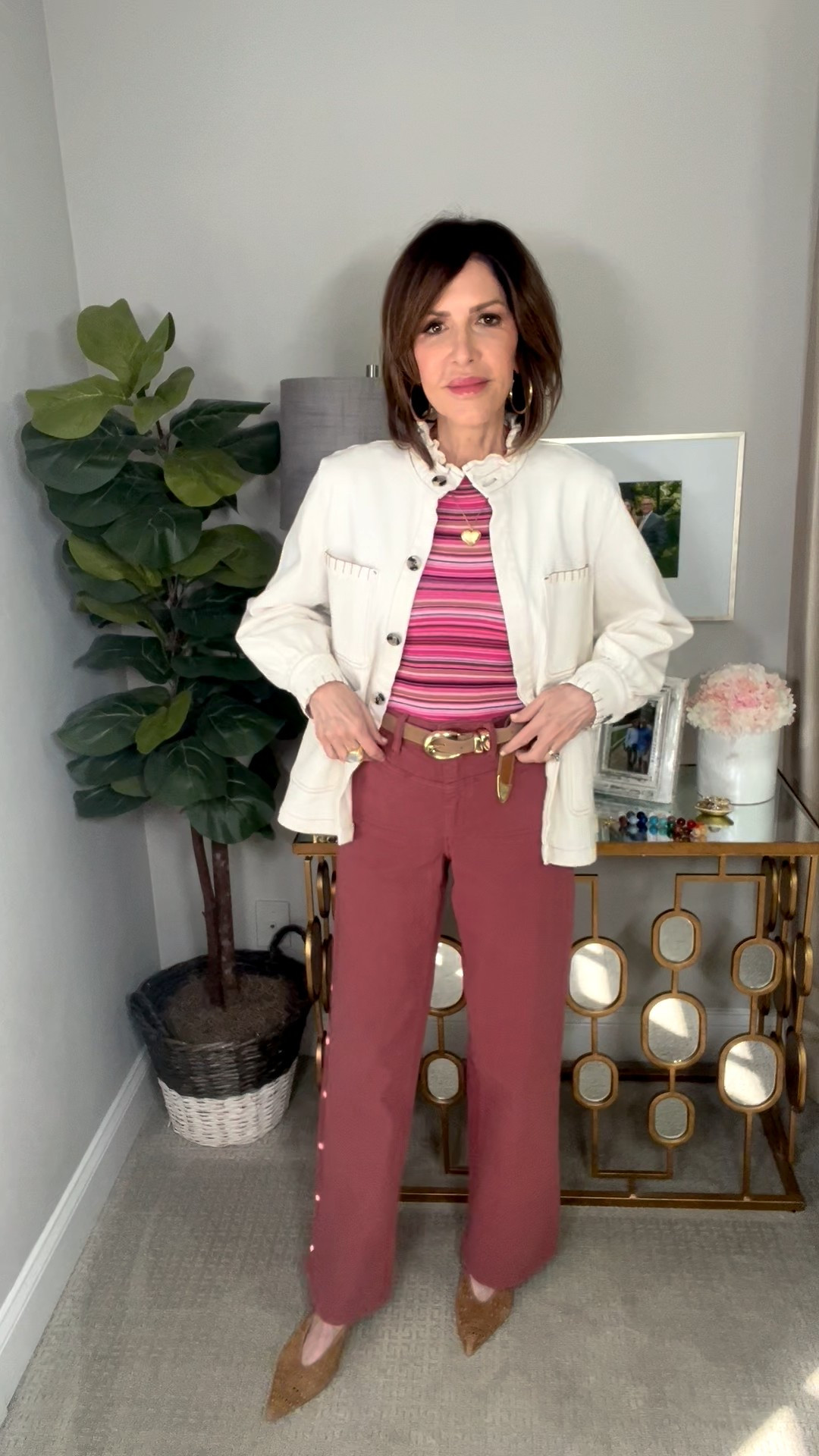 pink striped top, suede belt, pink pants, cream jacket, suede heels, gold jewelry, over 50 outfits, valentine’s day outfit 

#LTKValentine #LTKootd #LTKOver40