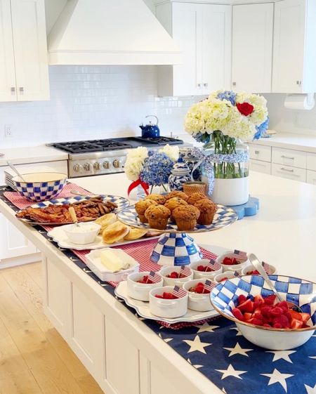 Memorial Day brunch set up using our new Mackenzie Childs Blue & White checked serving pieces!💙 This spread would also look great for July 4th!🇺🇸