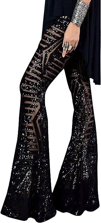 AZOKOE Women High Waist Wide Leg Palazzo Lounge Pants Sequin Bell Bottoms Trousers | Amazon (US)