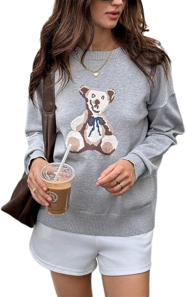 Women's Bear Pullover Sweater Cute Crew Neck Long Sleeve Knitted Tops | Amazon (US)
