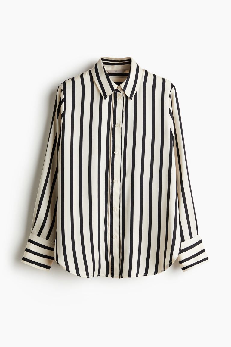 Shirt - Long sleeve - Regular length - Cream/black striped - Ladies | H&M US | H&M (US + CA)