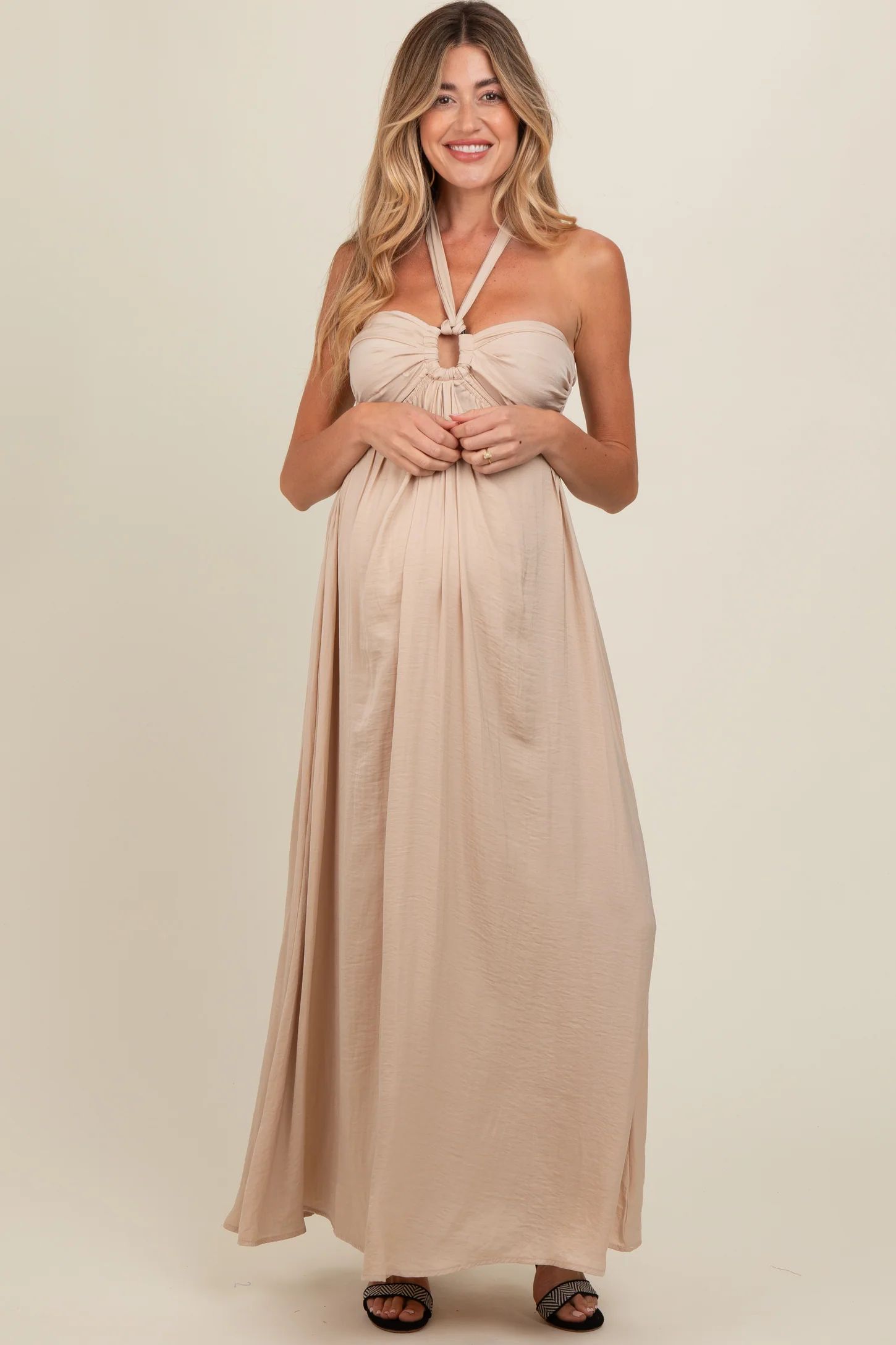 Beige Halter Cutout Maternity Maxi Dress | PinkBlush Maternity