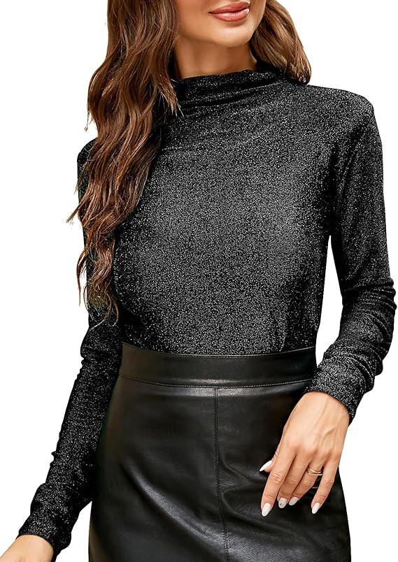 LONGBIDA Women's Slim fit Long Sleeve Turtleneck Glitter Tee Blouse Tops | Amazon (US)