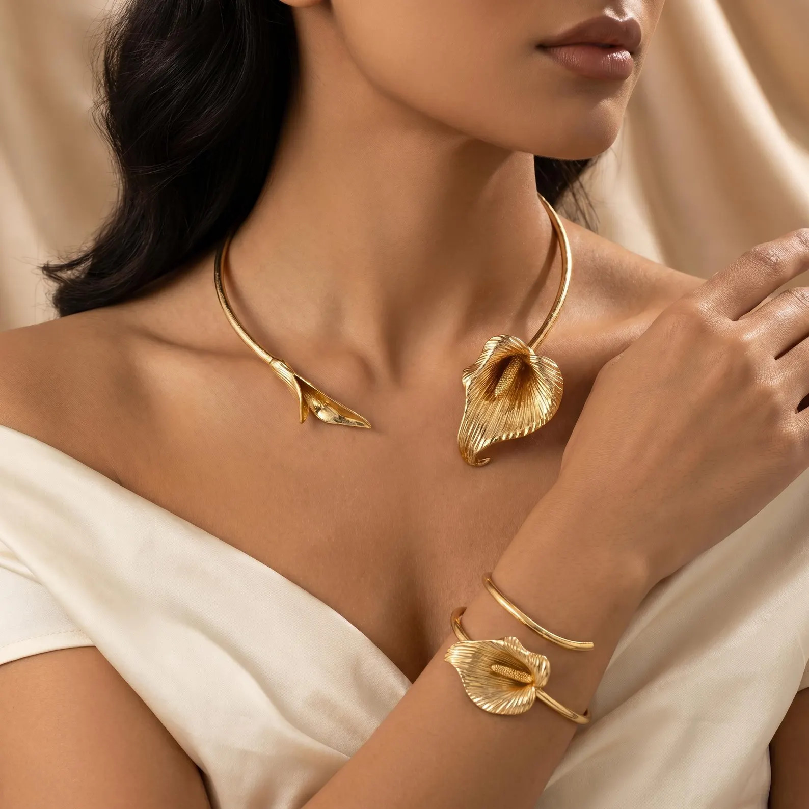 Gold Calla Lily Choker Necklace and Cuff Bracelet Set | Botanical Statement Jewelry | Etsy (Global)