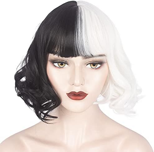 WeKen Black and White Wig for Girls Short Wavy Half Black Half White Wig with Bangs Cruella Devil... | Amazon (US)