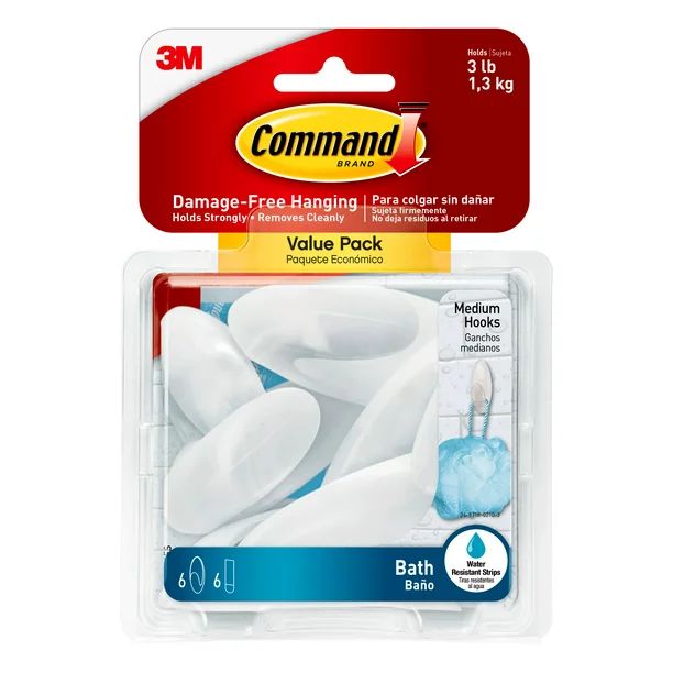 Command Medium Bath Hooks Value Pack, Frosted, 6 Hooks - Walmart.com | Walmart (US)