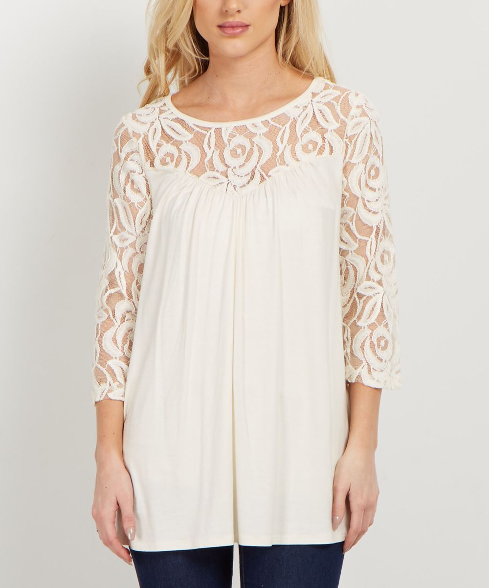 Ivory Lace-Panel Swing Top - Women | zulily