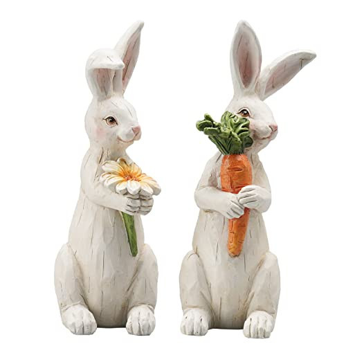 Newman House Studio Easter-Decorations Bunny-Decor Spring-Figurines Table-Centerpiece - 2PC Spring Decorations Resin Rabbits with Carrot and Flower Tabletop Ornaments for Home Farmhouse 4.5H inch | Amazon (US)
