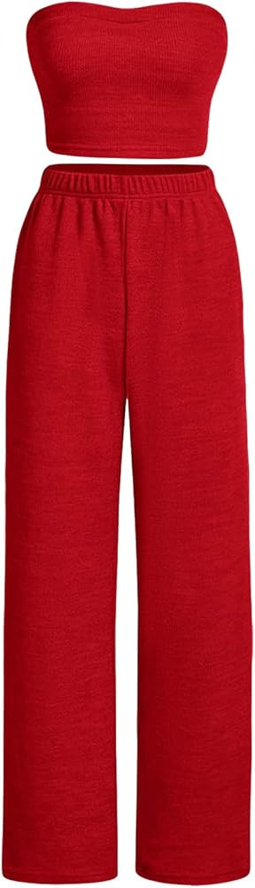 Floerns Women's 2 Piece Outfit Bandeau Crop Tube Top and Wide Leg Pants Set | Amazon (US)