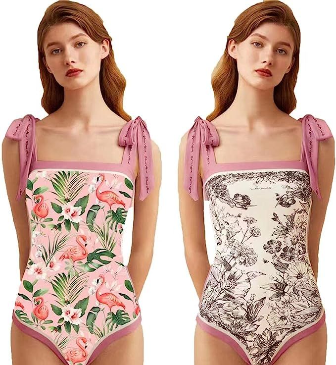 Women Double-Sided Floral One Piece Swimsuits Reversible Tie Shoulder Monokini Tummy Control Bath... | Amazon (US)