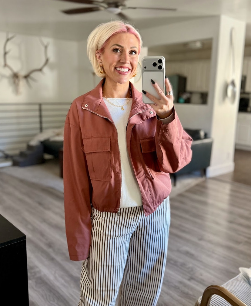 Highlighting this adorable funnel-neck jacket. Very on trend for this fall!  Jacket: Medium // Shirt: Small // Pants: Small 

 #LTKootd #LTKSeasonal #LTKSaleAlert