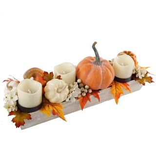 Flora Bunda 23 in. W x 9.25 in. H Fall Harvest Wood Ledge Pumpkin Arrangement Centerpiece Candle ... | The Home Depot