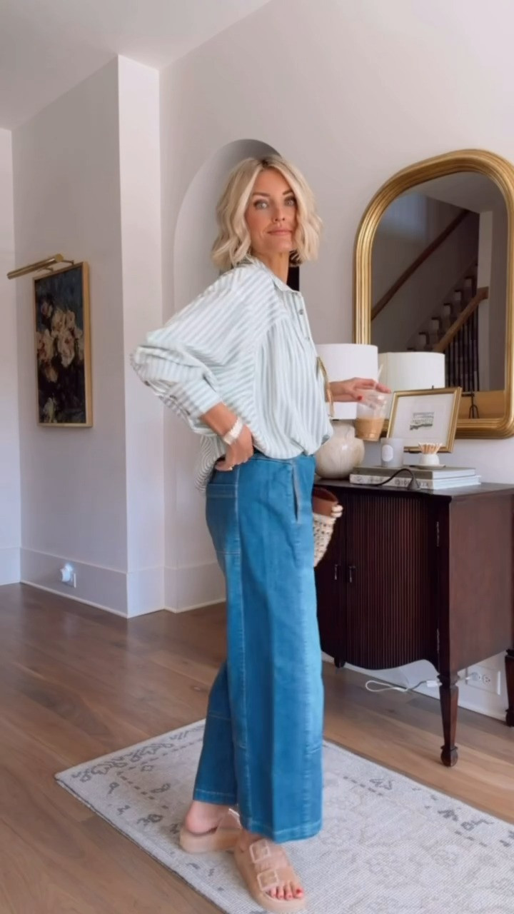Really loving the batwing sleeves and draped shape of this button down and jeans 😍 jeans on sale now! Wearing XS in both! 

Loverly grey, sale Anthropologie finds, striped button down outfit, barrel jeans, how to style green striped top, chic workwear staples, sale womens jeans
 

 #LTKSeasonal #LTKSaleAlert #LTKWorkwear