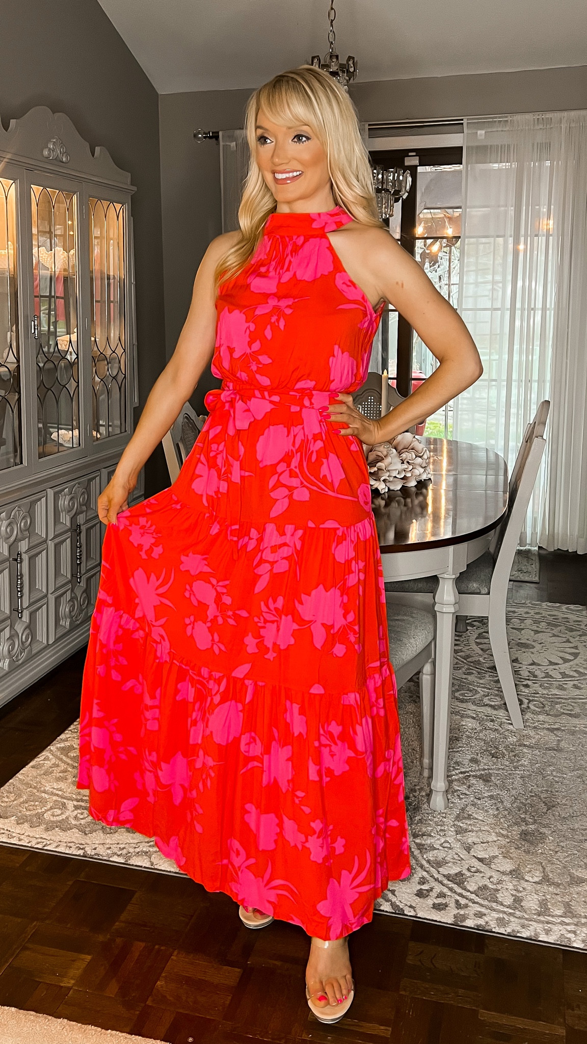 Pink and red floral maxi dress - clear heels - summer dress - resort wear - beach dress - sundress - vacation outfit - Amazon Fashion - Amazon Finds 

#LTKunder50 #LTKtravel #LTKSeasonal