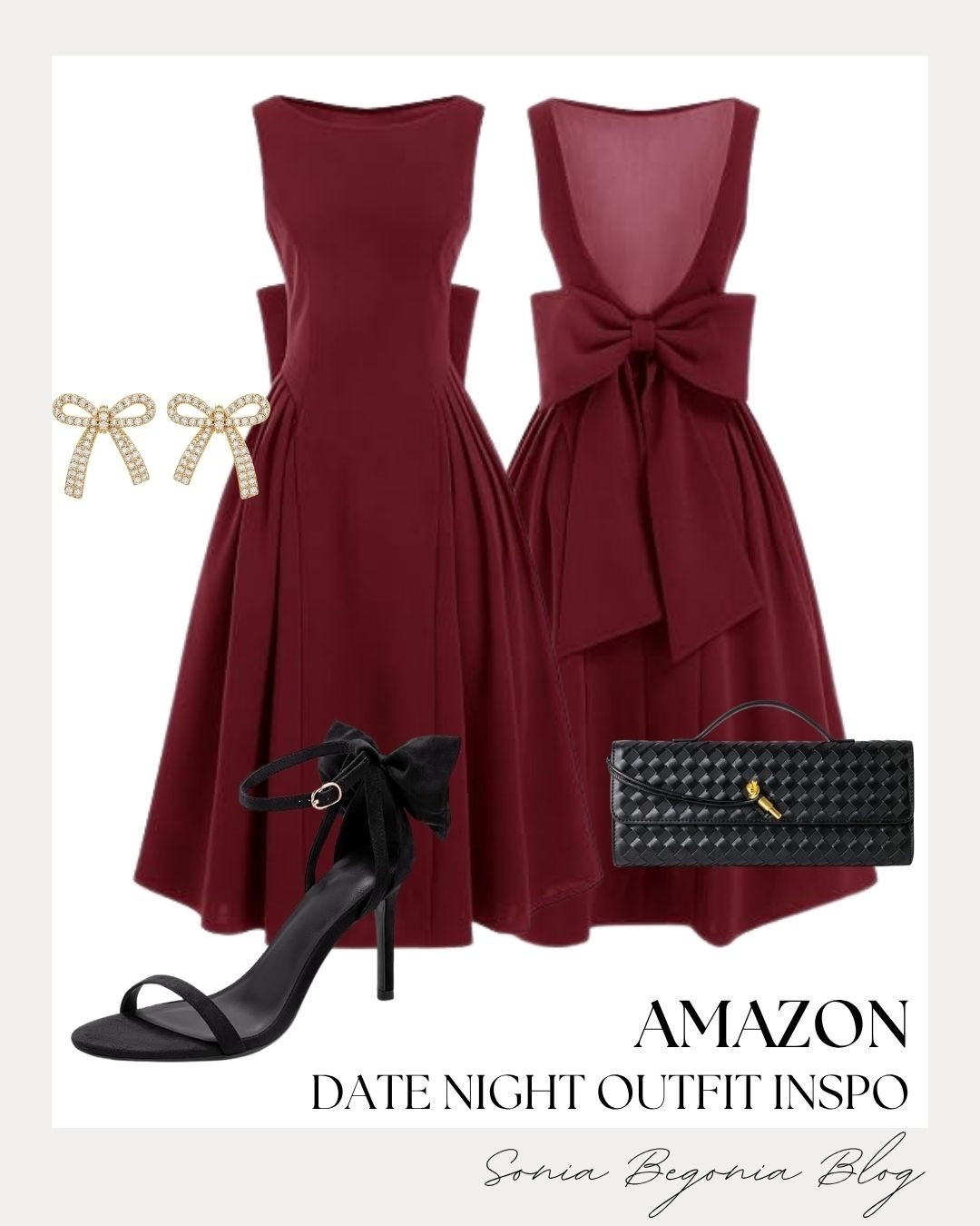 Make a statement on your next evening out with this stunning burgundy midi dress! 🍷 

The structured silhouette featuring a bold open back and oversized bow details is purely timeless.
I styled it with bow-accented black heels, a woven clutch, and sparkling gold bow earrings to complete this feminine look! ✨ 

#amazonfashion #datenightoutfit #burgundydress #eveningwear #chicstyle #bowdetail #ltkfashion #glamstyle

#LTKWedding #LTKootd