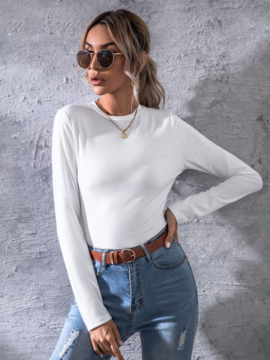 SHEIN Round Neck Solid Fitted Tee | SHEIN