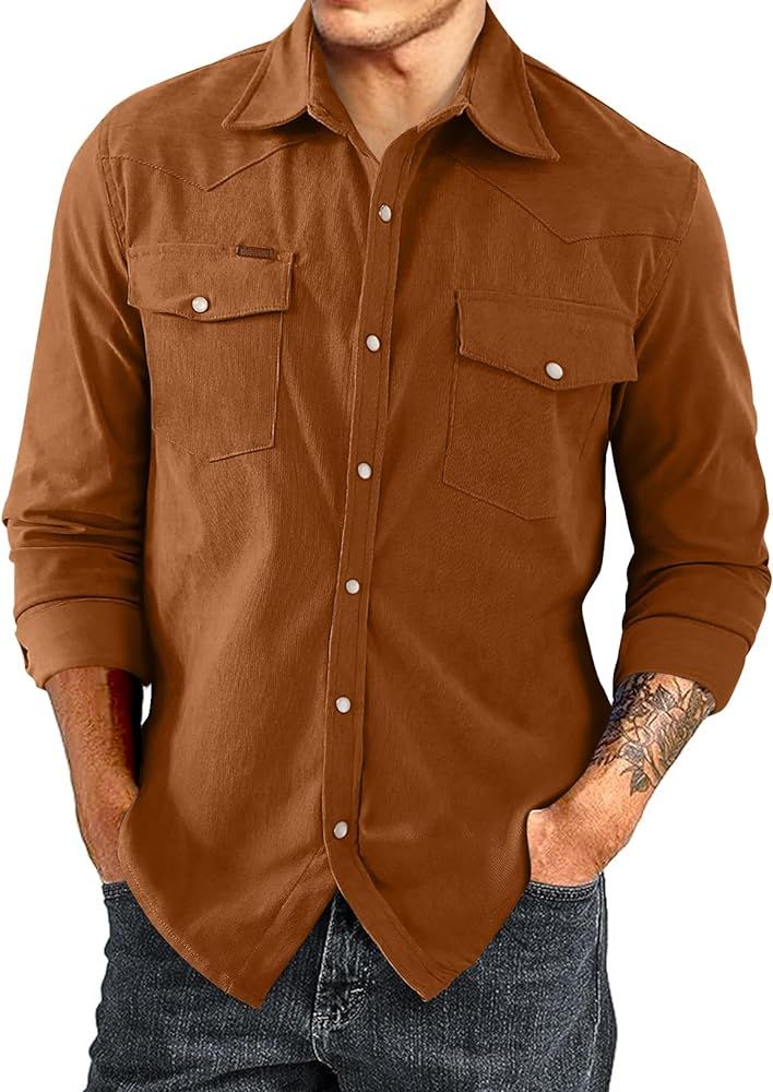 JMIERR Men's Corduroy Shirts Casual Western Long Sleeve Button Down Shacket Jackets with 2 Flap P... | Amazon (US)