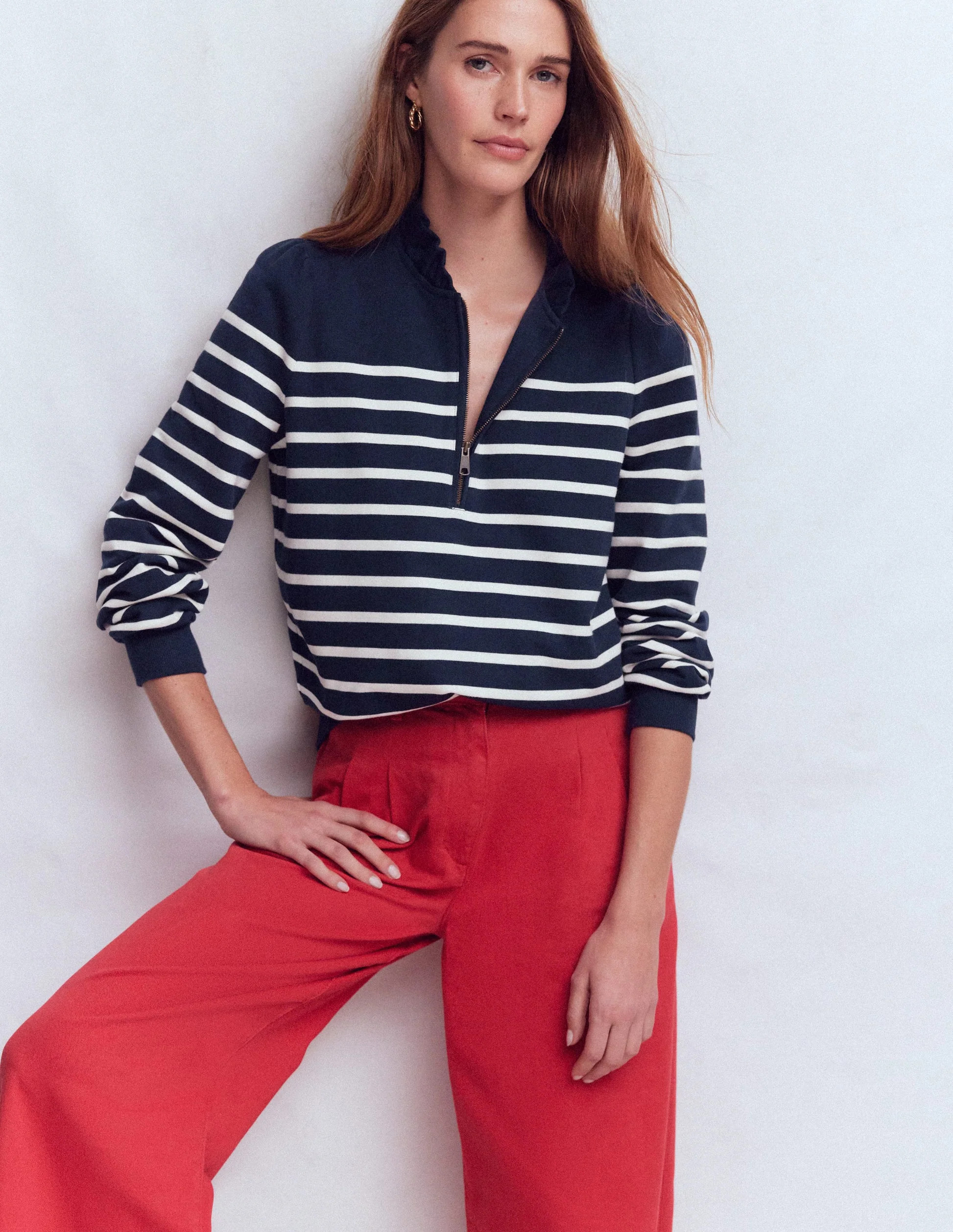 Half-Zip Frill Sweatshirt-Placement Stripe | Boden (US)