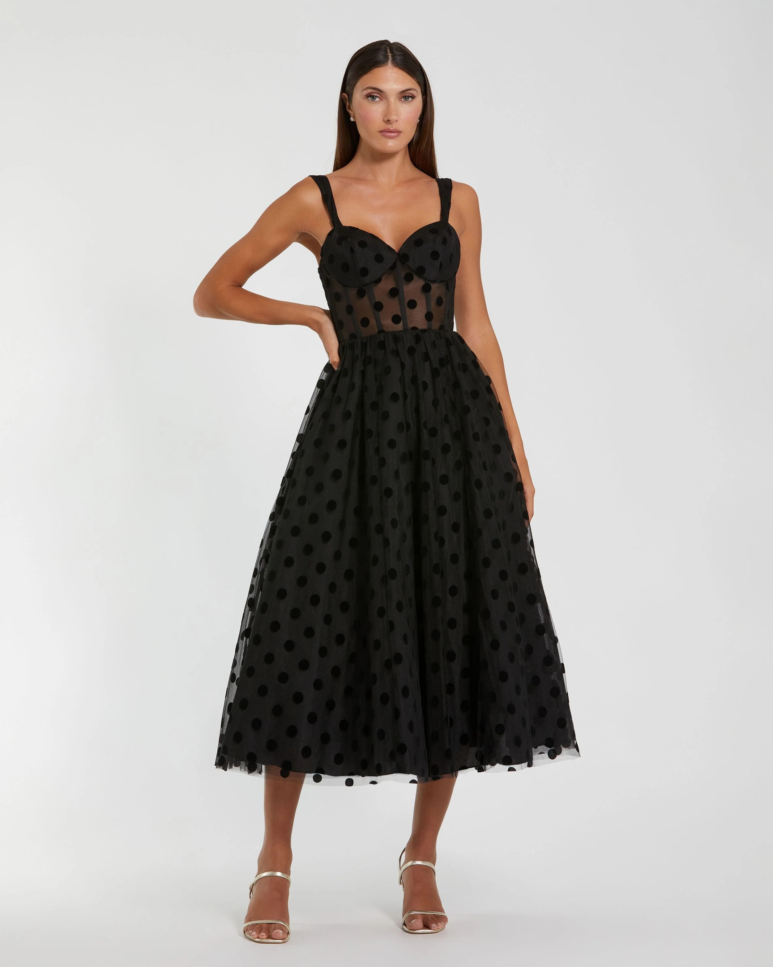 Black Polka Dot Net Bustier A-Line Midi Dress - Mac Duggal | Mac Duggal